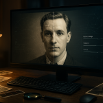 . A modern computer monitor displays an old damaged black-and-white portrait photo split into two halves: the left side is scratched, faded, torn and blurry, while the right side is perfectly restored in sharp detail with natural skin texture and realistic lighting. A digital AI interface with subtle holographic overlays, restoration sliders, and neural network lines is visible on the screen. On the desk there are vintage printed photographs, a magnifying glass, photo negatives, and soft warm desk lamp light