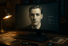 . A modern computer monitor displays an old damaged black-and-white portrait photo split into two halves: the left side is scratched, faded, torn and blurry, while the right side is perfectly restored in sharp detail with natural skin texture and realistic lighting. A digital AI interface with subtle holographic overlays, restoration sliders, and neural network lines is visible on the screen. On the desk there are vintage printed photographs, a magnifying glass, photo negatives, and soft warm desk lamp light