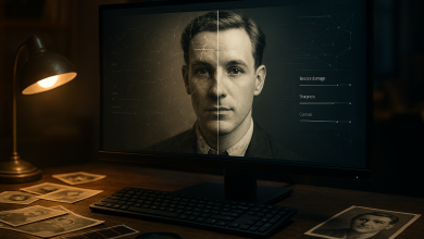 . A modern computer monitor displays an old damaged black-and-white portrait photo split into two halves: the left side is scratched, faded, torn and blurry, while the right side is perfectly restored in sharp detail with natural skin texture and realistic lighting. A digital AI interface with subtle holographic overlays, restoration sliders, and neural network lines is visible on the screen. On the desk there are vintage printed photographs, a magnifying glass, photo negatives, and soft warm desk lamp light